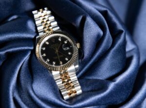 Rolex Datejust two tone black dial luxury watch close up 