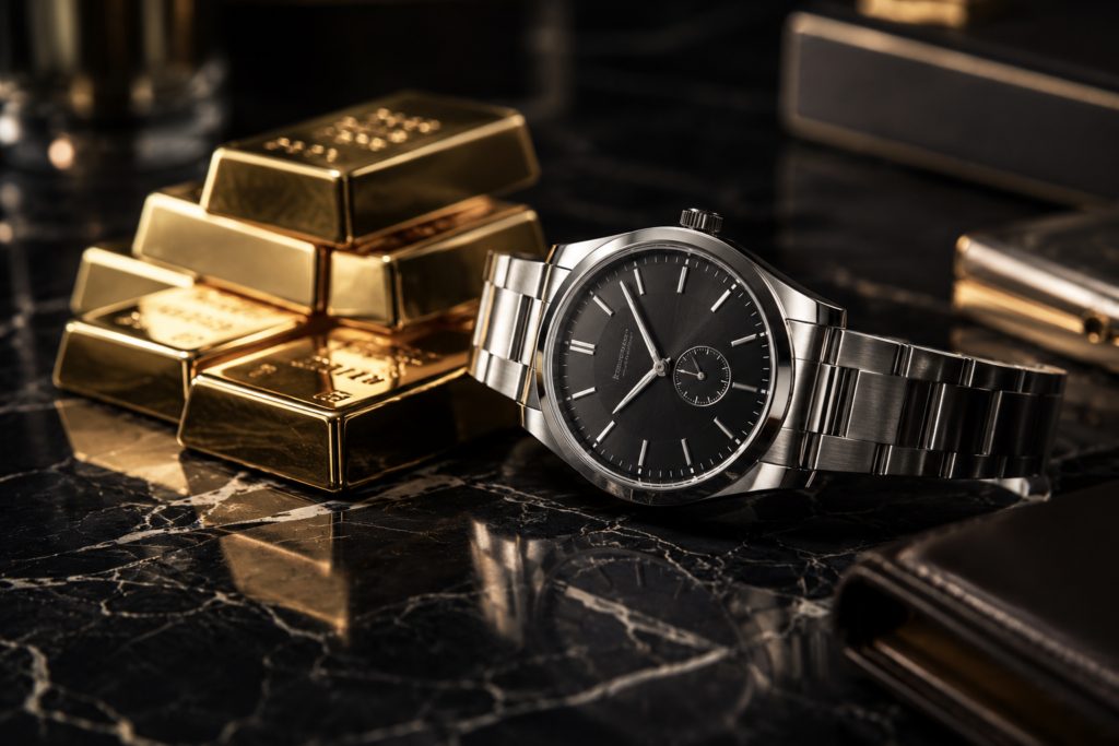 Luxury-inspired steel watch beside stacked gold bars on a black marble table