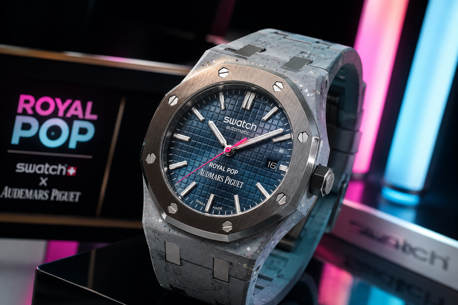 Swatch Royal Pop grey watch with luxury design and neon lights