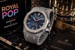 Swatch x Audemars Piguet Royal Pop on a black marble table in a luxury style