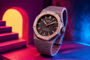 Swatch x Audemars Piguet Royal Pop with futuristic background and pink and blue lights